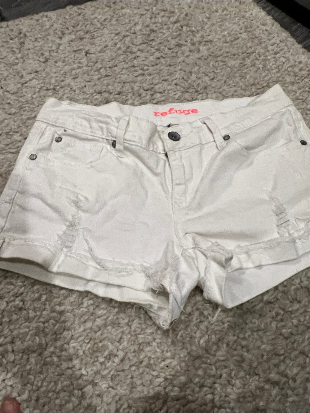 refuge White Distressed Low-Rise Denim Shorts